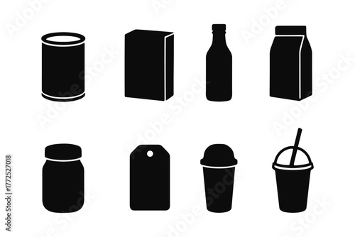 Silhouette icons of food and beverage packaging containers