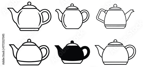 Various antique and modern teapot designs for hot beverage service set