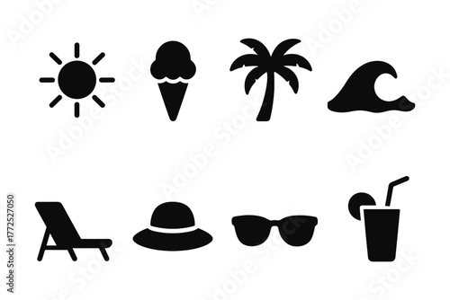 Minimalist summer icons set: sun, ice cream, palm, wave, beach chair, hat, sunglasses, drink