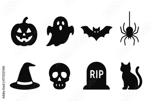 Spooky halloween icon set featuring ghosts, jack-o'-lantern, witch hat, skull, bat, spider, tombstone, and cat