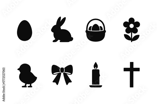 Easter silhouette icons: egg, bunny, basket, flower, chick, bow, candle, cross