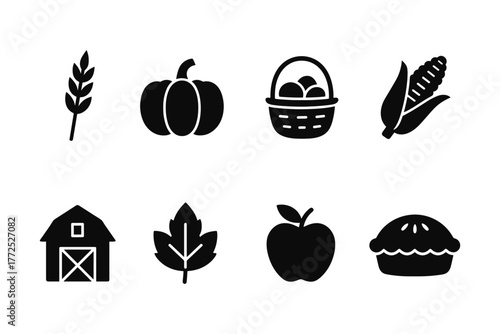 Set of farm and harvest icons: wheat, pumpkin, basket, corn, barn, leaf, apple, pie