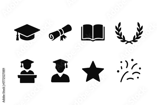 Education icons set: graduation caps, diploma, and more in black silhouette style