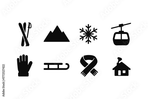 Winter sports and activities icons: skiing, snowboarding, and cozy cabin symbols
