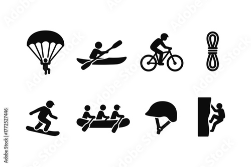 Adventure sports icon set featuring paragliding, kayaking, biking, and rock climbing