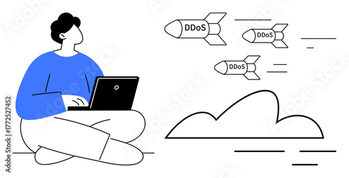 Person using a laptop tracking DDoS cyberattacks represented by missiles targeting a cloud. Ideal for cybersecurity, IT risk, digital defense, tech security, online threats, network safety, simple