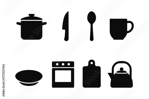 Essential kitchen tools silhouette set: pots, utensils, and appliances