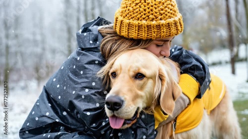 Happy woman hugging golden retriever dog outdoors in snow showing pet love.
