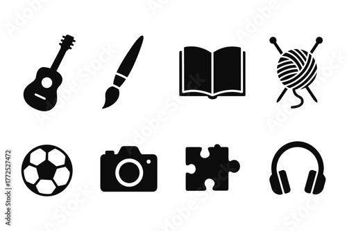 Hobby and creative activity icons in bold black silhouette style