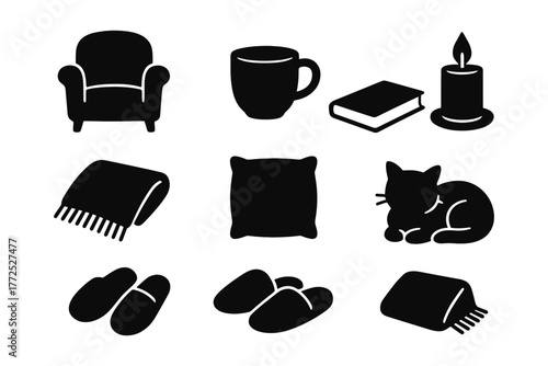 Cozy silhouettes: armchair, mug, candle, and more for relaxing home vibes