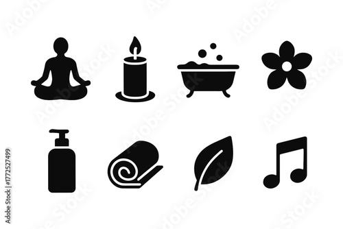Wellness icons: meditation, relaxation, and spa elements in black silhouette style