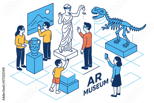 Interactive augmented reality museum experience with artifacts and visitors