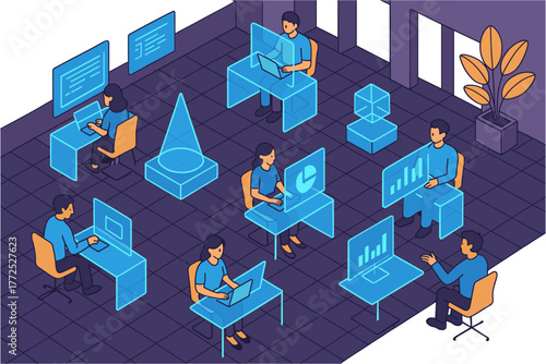 Futuristic office space with holographic technology and collaborative design