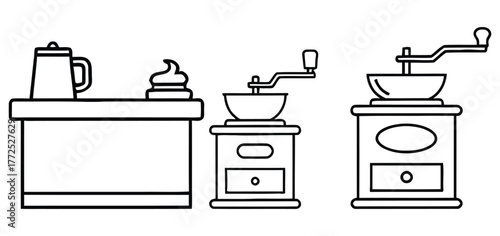 Traditional Manual Coffee Grinders and Brewing Station Outline Artwork