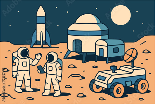 Futuristic lunar base concept: astronauts, exploration, and space habitat