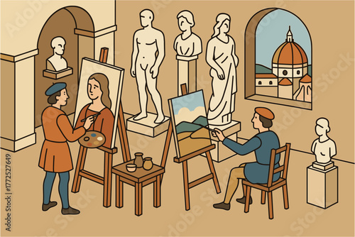 Renaissance artists painting in studio with classical sculptures