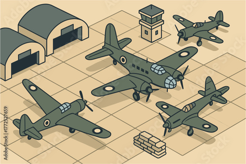 World war ii aircraft in isometric style on airfield with hangars and control tower