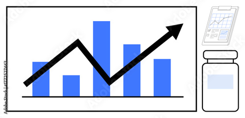 Blue bar graph with a bold upward arrow symbolizing growth, alongside a clipboard and medicine bottle. Ideal for analytics, healthcare, success, data, progress, research strategy. Clean flat