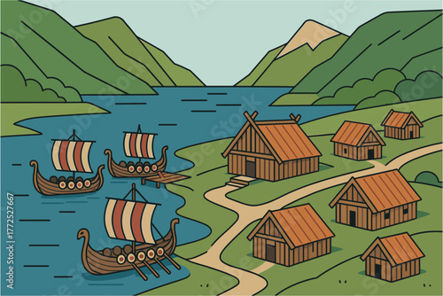 Viking settlement by a serene nordic fjord with longships and wooden cabins