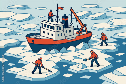 Icebreaker ship navigating arctic waters with crew working on ice