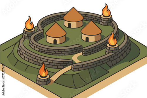 Medieval fortress with towers and fire pits in isometric design