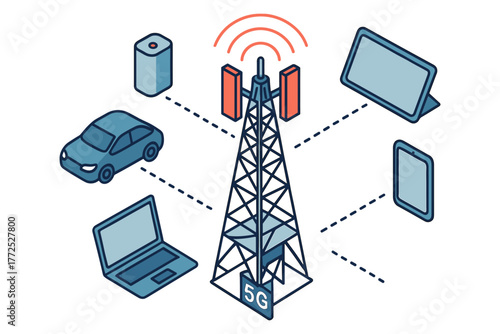 Isometric 5g network tower with connected devices symbolizing advanced wireless connectivity