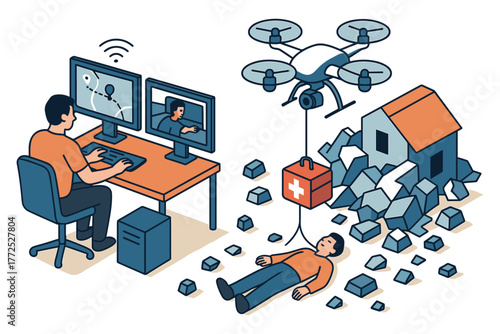 Isometric emergency drone delivery in disaster relief scene with remote pilot