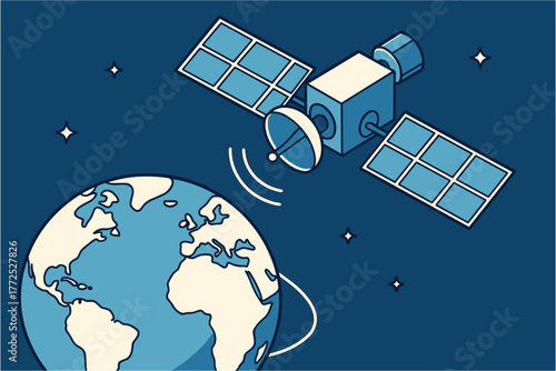 Satellite orbiting earth in space with communication signals in flat cartoon style
