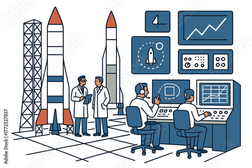 Rocket launch center with scientists and engineers
