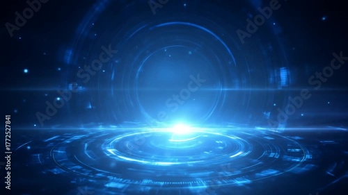 Futuristic blue digital background with glowing concentric rings, light effects, and abstract cyberspace technology concept.