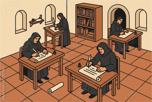 Medieval scribes in monastery writing room: historical isometric artwork