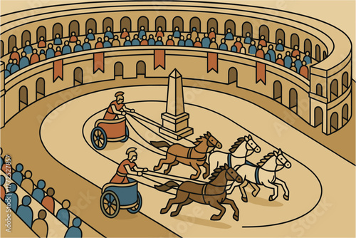 Ancient roman chariot race in oval arena with crowded stands and obelisk