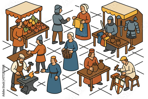 Isometric medieval market scene with artisans and merchants engaged in daily activities