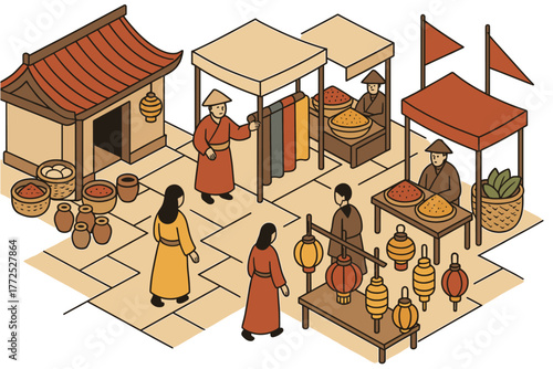 Traditional market scene with vendors and customers in an isometric old town setting