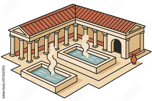 Ancient roman bathhouse with pools and columns in isometric style