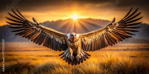 Eurasian Griffon Vulture Soaring Over Vast Steppe Landscape