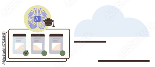 AI chip, graduation cap, cloud, and organized task cards. Ideal for education, technology, innovation, productivity automation e-learning teamwork. Simple flat metaphor