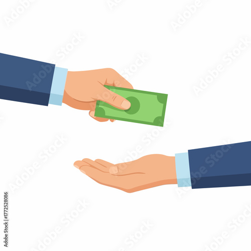 Illustration of a hand passing a green banknote to another hand against a white background.