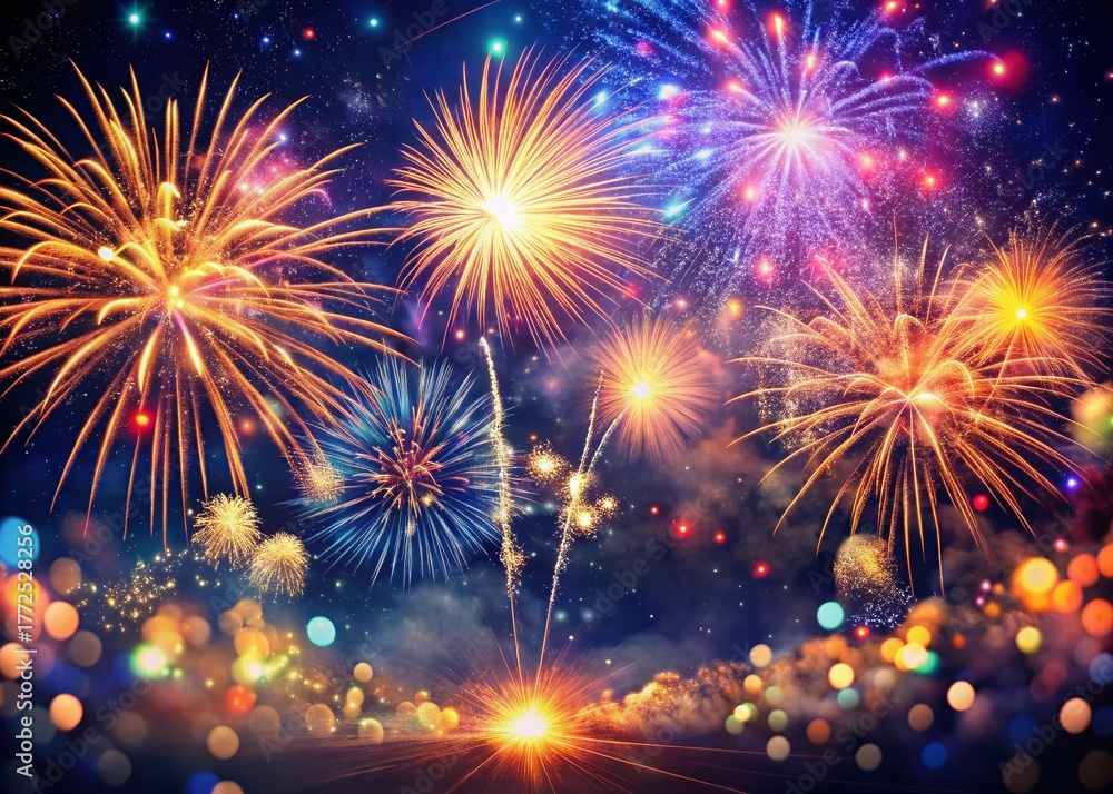Fototapeta premium Explosive New Year Fireworks Celebration Background - Vibrant Night Sky