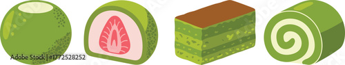 Matcha green tea desserts illustration, mochi ball, strawberry filling, layered cake, swirl roll, white background