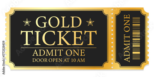 Vintage theatre tickets vector template. Vector golden tickets isolated on whithe backgound. Cinema, theater, concert, game, party, event, festival black and gold ticket.
