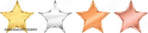 Star Icon Set in Gold, Silver and Bronze – Shiny 3D Vector Metallic Stars Collection