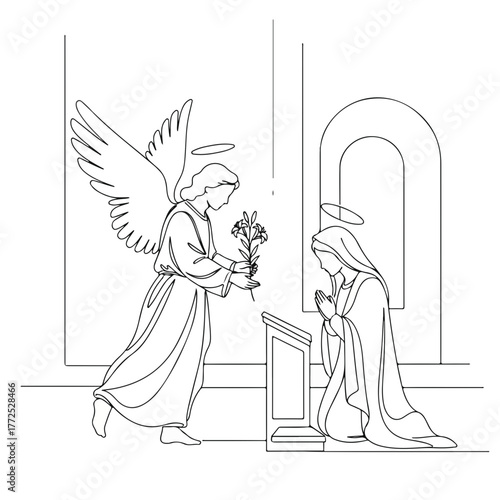 Annunciation scene shows Virgin Mary and angel Gabriel depicted with minimalist line art. Annunciation illustration features symbolic lilies, winged angel, and kneeling woman in prayer,
