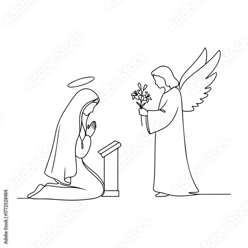 Continuous line drawing of Annunciation, depicting Virgin Mary kneeling with Angel Gabriel presenting lilies. Annunciation scene shown in simple line,