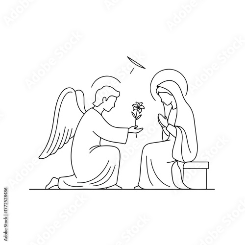 Annunciation scene depicts Gabriel presenting Mary with lily, divine moment. Annunciation artwork captures symbolic flower, haloed figures in holy illustration, evoking spiritual serenity.