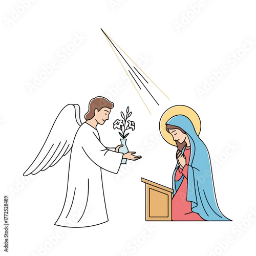 Annunciation scene depicts Angel Gabriel offering lily to Virgin Mary. Annunciation shows Biblical scene of angel visiting Mary to announce she will be mother of Jesus.
