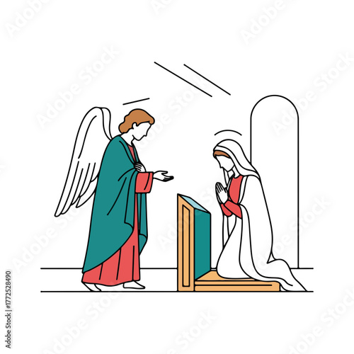 Annunciation scene depicting Angel Gabriel's announcement to Virgin Mary, rendered in minimal outline style, evoking a sense of divine interaction.