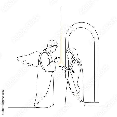 Annunciation scene shows angel Gabriel appearing to Mary in continuous line art. Annunciation illustrates spiritual exchange with religious implications.