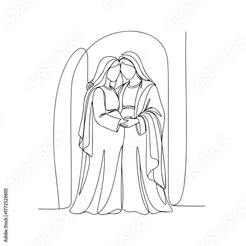 Mary and Elizabeth depicted in minimalist line art capturing biblical history, focusing on their tender connection. Biblical history is illustrated with a one line drawing of the two women.