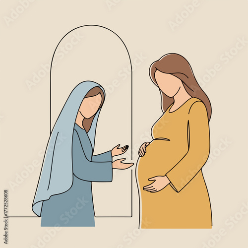 Biblical scene depicting expectant mothers in simple illustration. Biblical history illustrated through two women, one pregnant, near arched doorway.